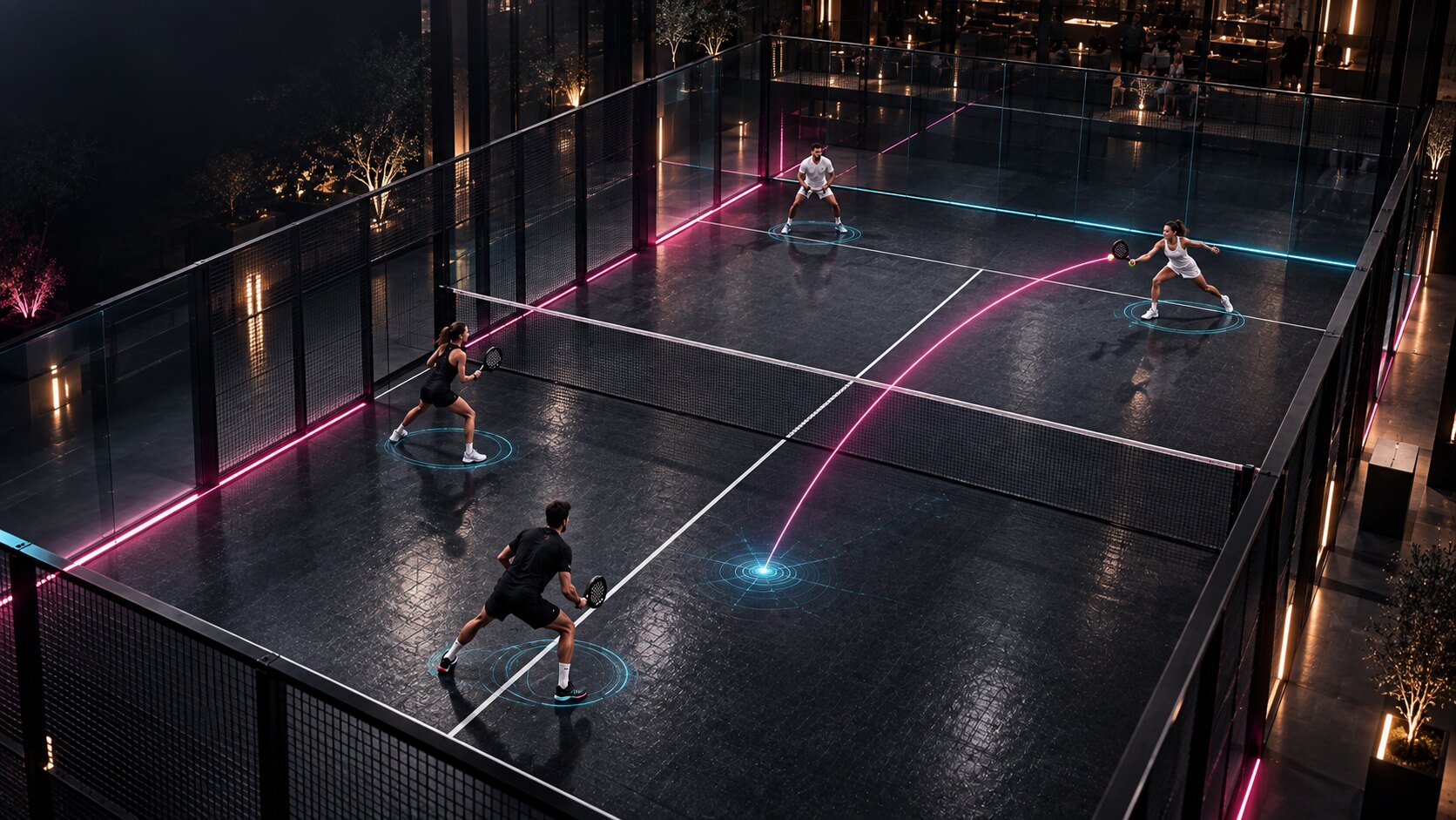 A padel court at night seen from above, with PadX tracing the ball's path and ringing each player